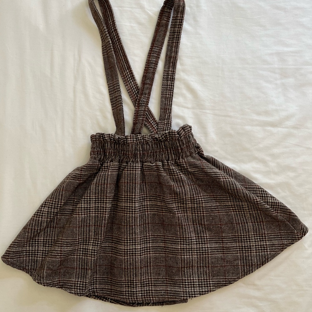 Vintage plaid tartan brown suspender skirt